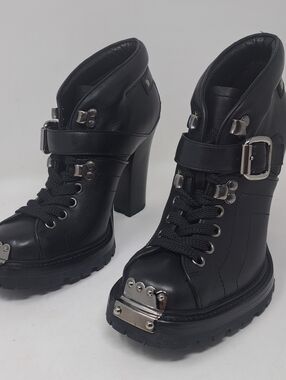 Miu Miu Ankle Combat Boots Moto Black Leather Steel Buckle Block Heels 35.5 IT